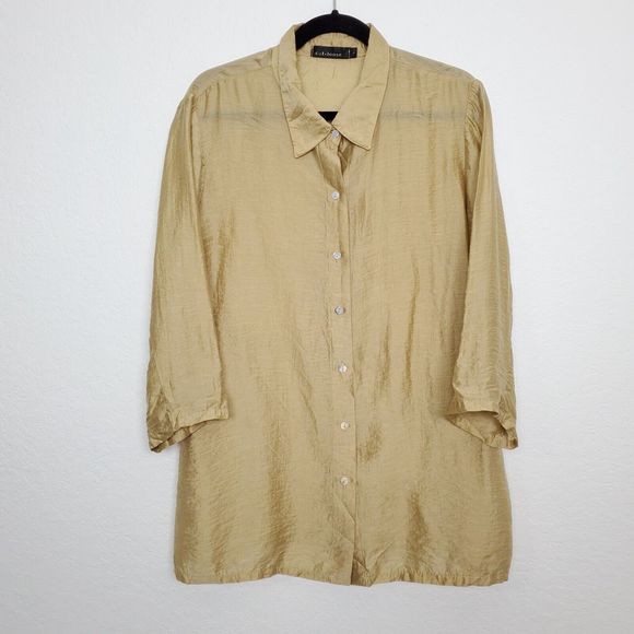 Cut Loose Womens Tunic Top Size L Button Front Gold Shimmer Tencel 3/4 Sleeve - Picture 1 of 7